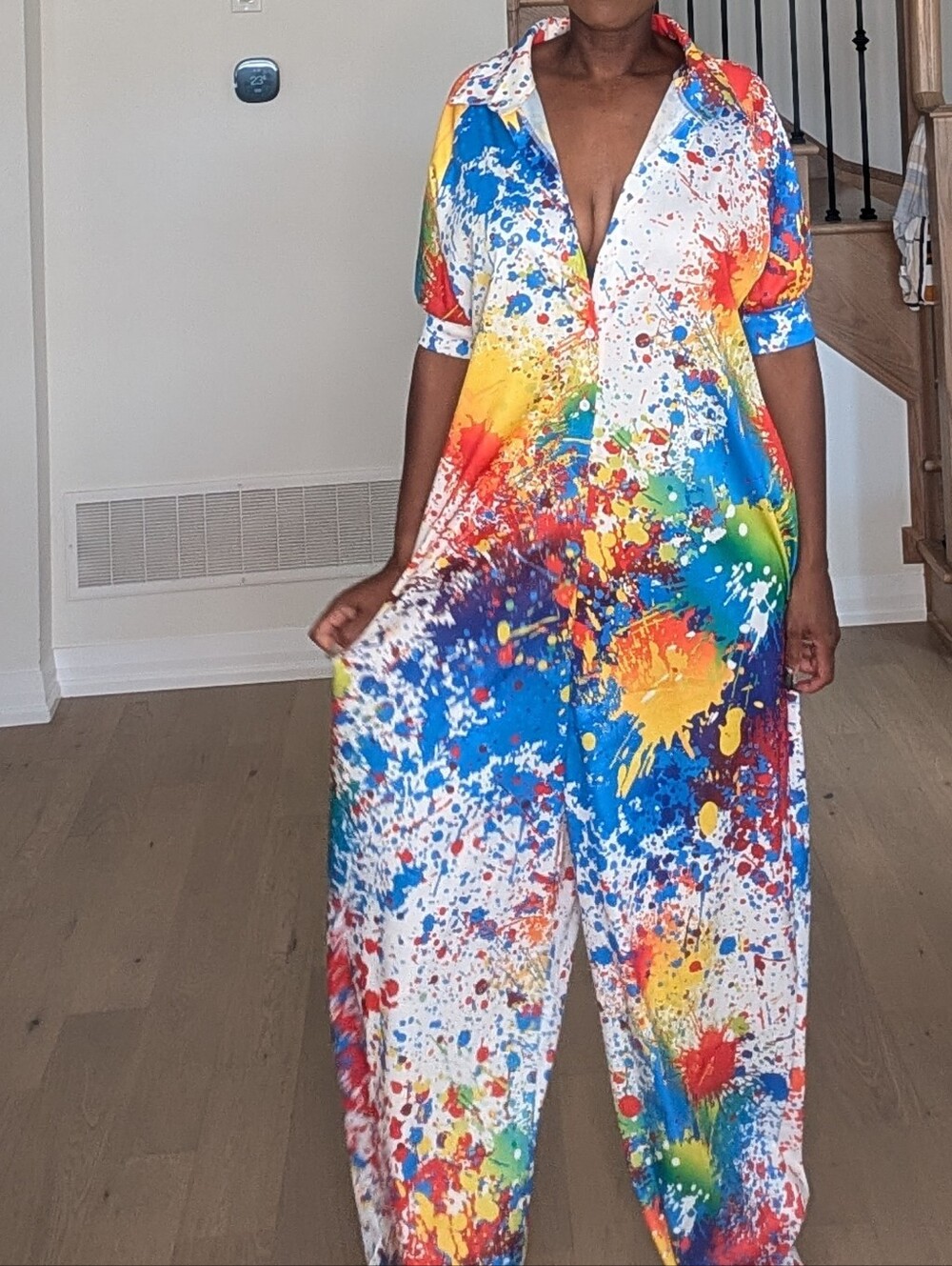 Color Splash Button-Front Wide-Leg Jumpsuit - Multicolor - Picture 2 of 6